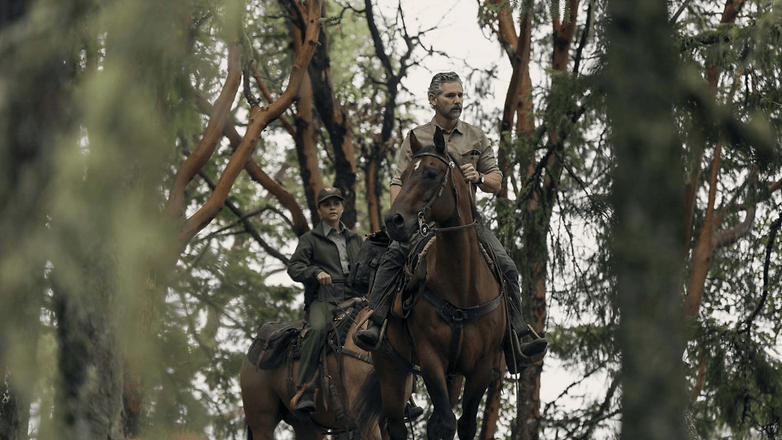 Two riders on horseback are navigating through a dense forest. Two riders on horseback are navigating through a dense forest.