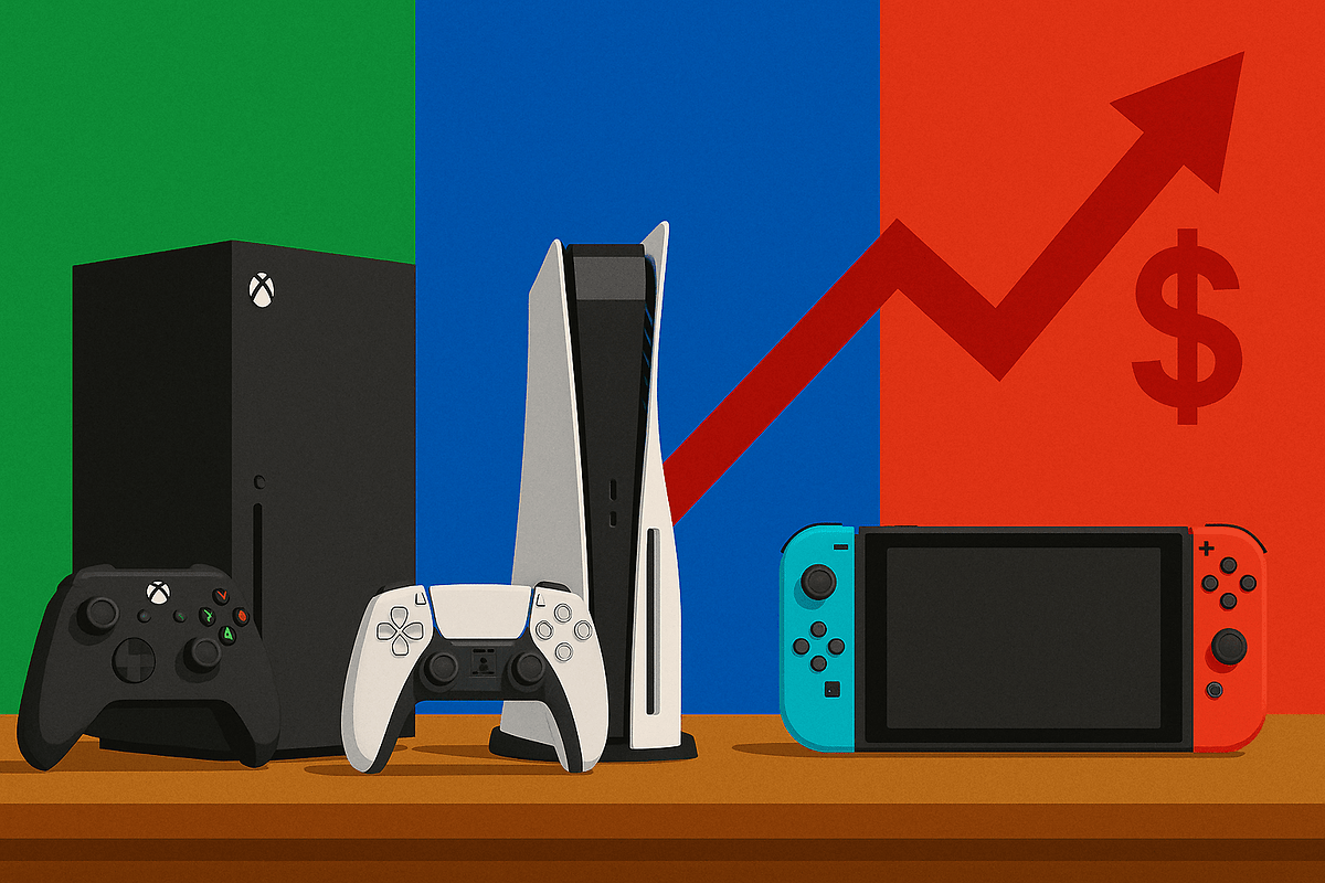 Trois consoles de jeu : Xbox, PlayStation 5 et Nintendo Switch, avec un signe dollar montant et un graphique en arrière-plan.