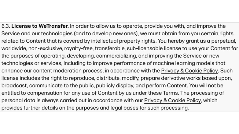 WeTransfer license agreement text outlining rights to content usage. WeTransfer license agreement text outlining rights to content usage.