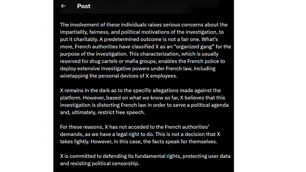 Text discussing concerns about an investigation involving X and its implications for free speech.