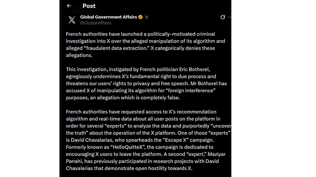 Post from X Global Government Affairs detailing investigation into X's algorithm manipulation by French authorities.