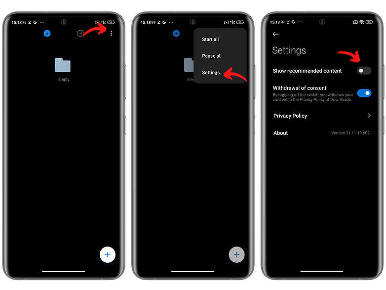 Screenshots on how to disable Mi Files ads