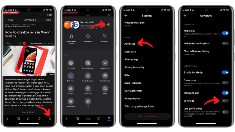 Screenshots on how to disable Mi Browser ads