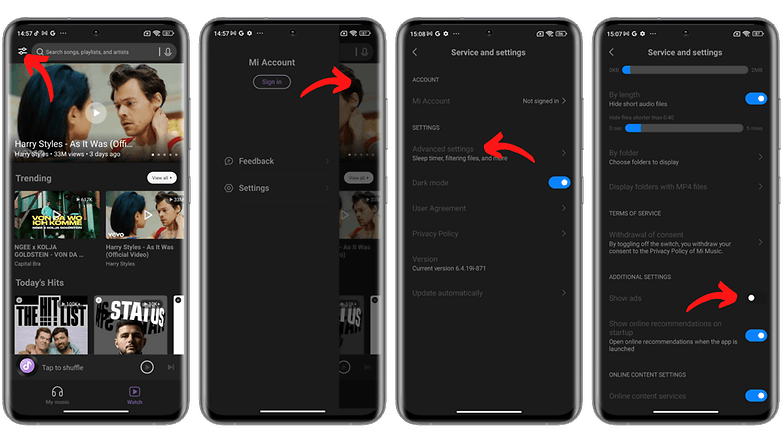 Screenshots on how to disable Mi Music ads