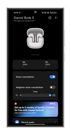 Interface de l'application Xiaomi Buds 5 affichant l'état de la batterie et les options d'annulation du bruit.