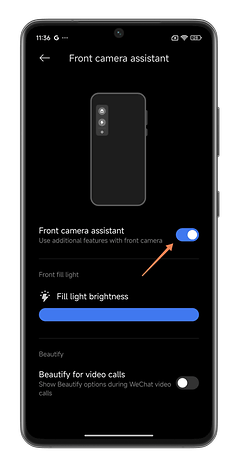 Capture d'écran montrant comment utiliser la fonction Fill Light de Xiaomi pour éclairer vos appels vidéo en basse lumière