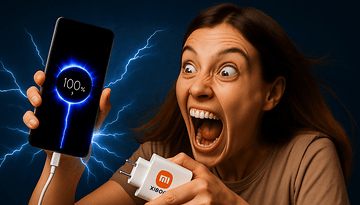 Uma mulher empolgada segura um smartphone exibindo 100% de bateria, com um carregador Xiaomi na outra mão.