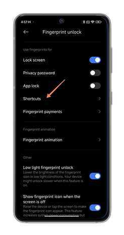 HyperOS screenshots on using your Xiaomi smartphone's fingerprint reader as a shortcut button.