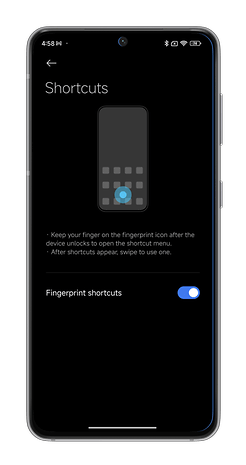 HyperOS screenshots on using your Xiaomi smartphone's fingerprint reader as a shortcut button.
