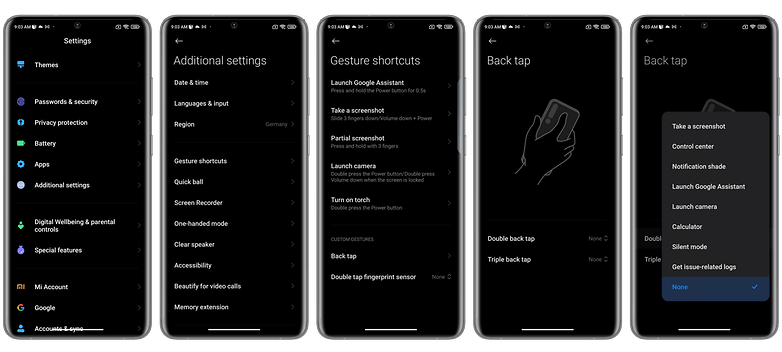 Screenshots der Back Tap Funktion unter MIUI