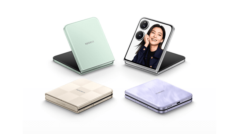 Four Xiaomi Mix Flip 2 smartphones in different colors: mint green, beige, light purple, and folded black. Four Xiaomi Mix Flip 2 smartphones in different colors: mint green, beige, light purple, and folded black.
