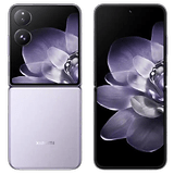 Smartphone Xiaomi Mix Flip avec double caméra et dos violet, ouvert pour révéler l'écran principal.