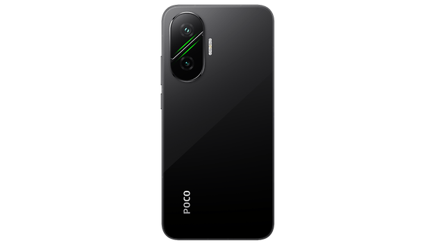 Schwarzes Xiaomi Poco F7 Smartphone mit Dual-Kameras und schlankem Design.