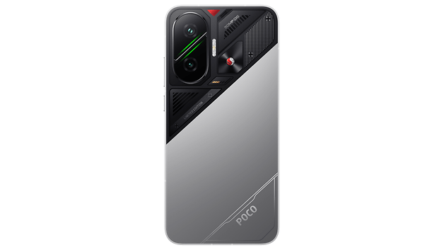 Rückansicht eines Xiaomi Poco F7 Smartphones in Silber mit einzigartigem Design und dualer Kamerakonfiguration.