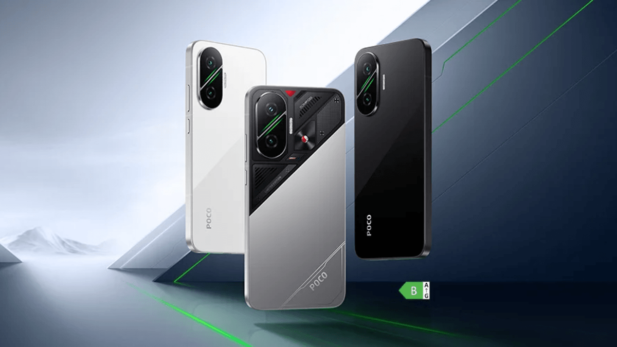 Trois smartphones Xiaomi Poco F7 en argent, noir et blanc sur un fond géométrique.