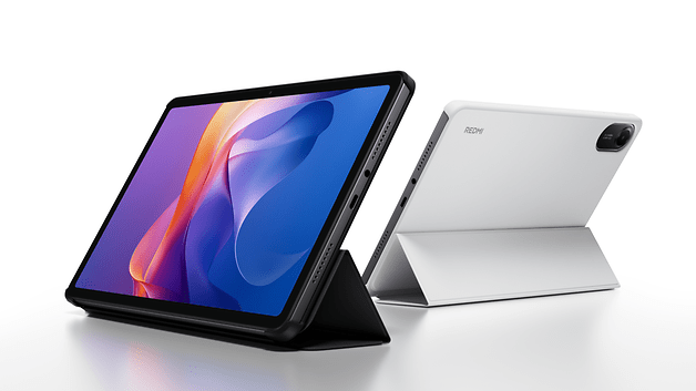 Xiaomi Redmi Pad 2 in schwarz und weiß, aufrecht mit einem bunten Bildschirm.
