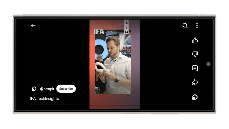A smartphone displaying a YouTube Shorts video titled 'IFA TechInsights' with a man holding headphones. A smartphone displaying a YouTube Shorts video titled 'IFA TechInsights' with a man holding headphones.