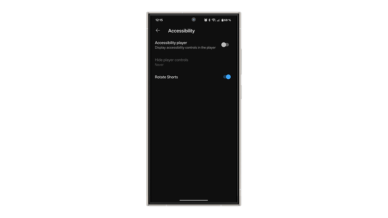 Settings menu showing 'Rotate Shorts' option in YouTube's accessibility features. Settings menu showing 'Rotate Shorts' option in YouTube's accessibility features.