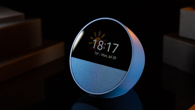 Amazon Echo Spot displaying the time on its small display.