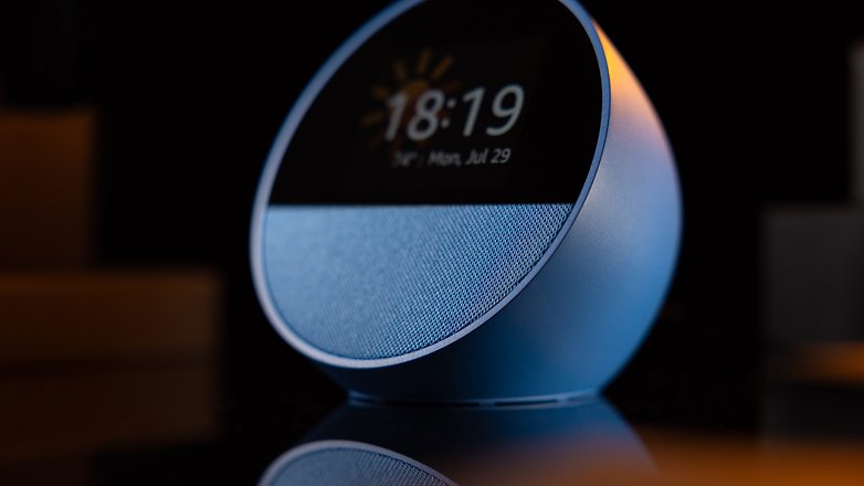 Amazon Echo Spot viewed at an angle.