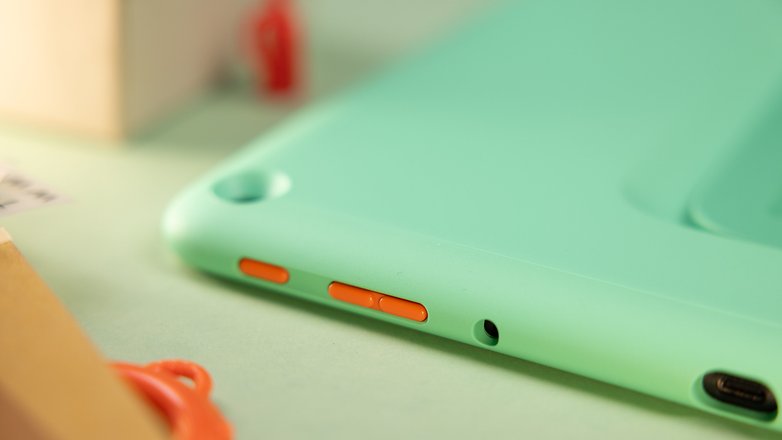 Power and volume buttons on the Fire HD 10 Kids Pro tablet.