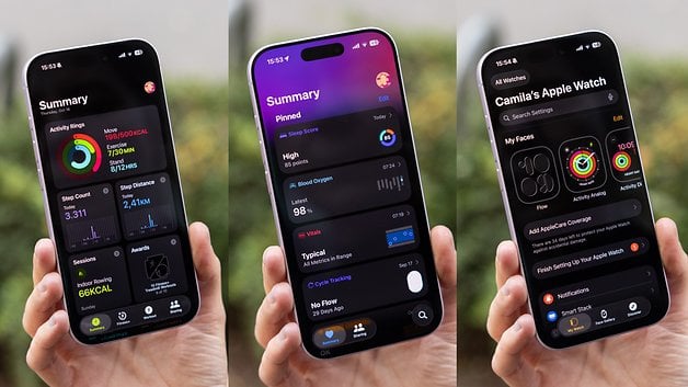 Drei Smartphones zeigen Apple Watch-Zusammenfassungsbildschirme mit Aktivitäts- und Gesundheitsdaten.
