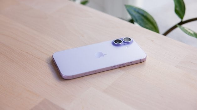 A purple Apple iPhone 17 lying on a wooden surface with green plants in the background.