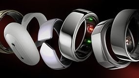 Six diverse smart rings displayed in a row, aligned side by side.