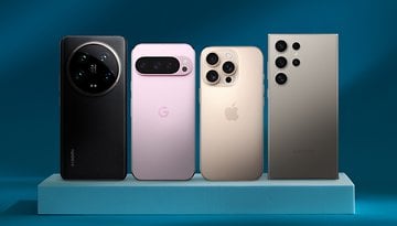 Four smartphones arranged on a pedestal, showcasing their camera designs against a blue background.