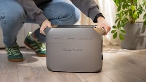 Une personne accroupie tenant la station d'alimentation portable EcoFlow Delta 3 Plus à l'intérieur.