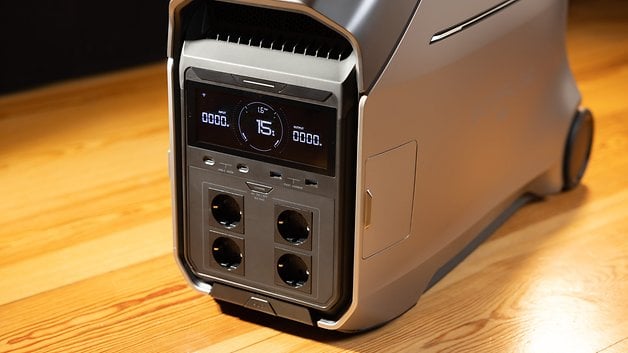 A close-up of the EcoFlow Delta Pro 3 portable power station, featuring multiple outlets and a digital display.