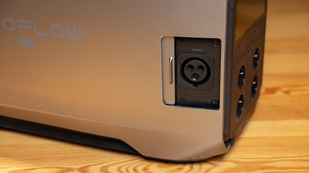 Close-up of EcoFlow Delta Pro 3 power station showing power outlet and control panel.