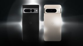 Google Pixel 7 Pro side by side with the Google Pixel 8 Pro with a shinning light in the background