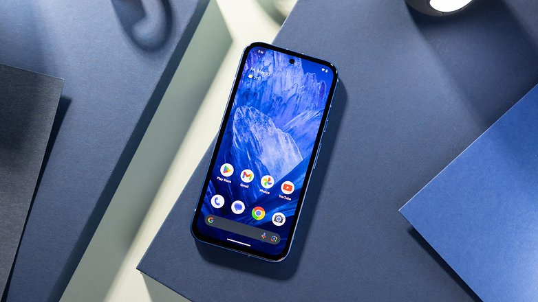 Google Pixel 8a viewed from the front showing the default home screen