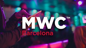 The MWC logo highlighted in an image with a person using a tablet in the background