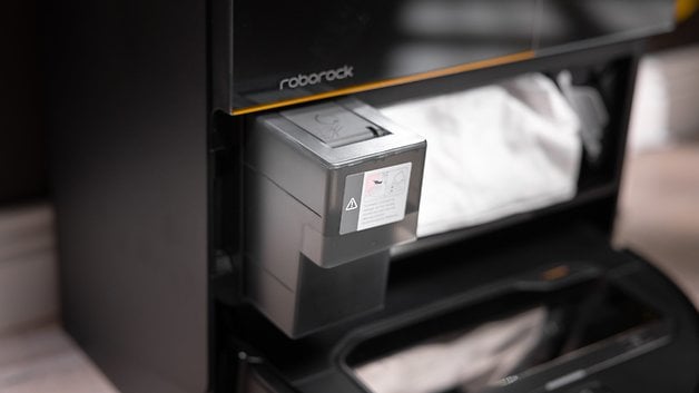 Close-up of a Roborock Saros Z70's docking station with its dust bin.