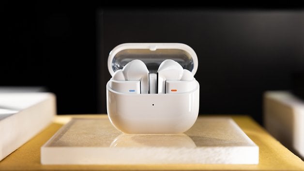 The Samsung Galaxy Buds 3 Pro charging case seen from the front, lying vertically with its lid open.