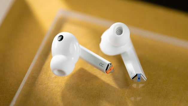 The Samsung Galaxy Buds 3 Pro seen from above with their silicone eartips pointing upwards.