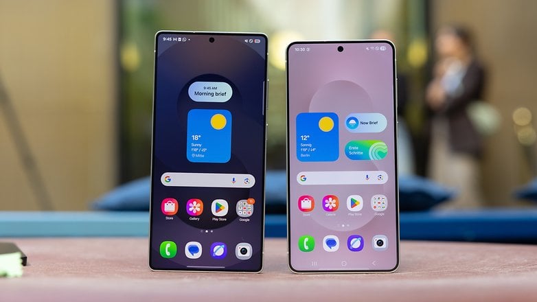 Two Samsung Galaxy S25 Edge smartphones showing different home screens and apps. Two Samsung Galaxy S25 Edge smartphones showing different home screens and apps.