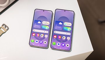 Two Samsung Galaxy S25 smartphones displaying a user interface with weather and app icons.