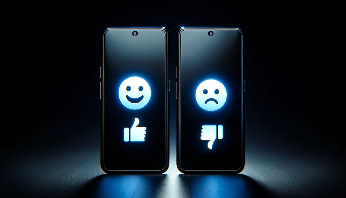 Deux smartphones affichant un visage souriant avec un pouce levé et un visage triste avec un pouce baissé, symbolisant tops et flops.