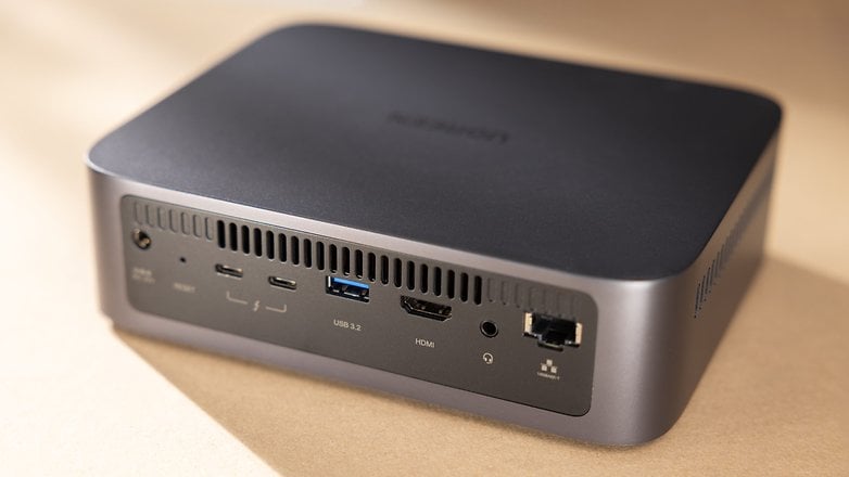 UGREEN Nasync DXP480T Plus with multiple ports on the back including USB, HDMI, and Ethernet.