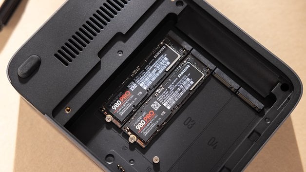 Interior view of a device showing two Samsung 980 PRO SSDs installed.