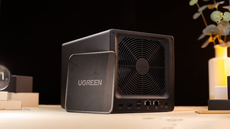 UGreen DXP4800 Plus viewed from the back with the included magnetic dust filter