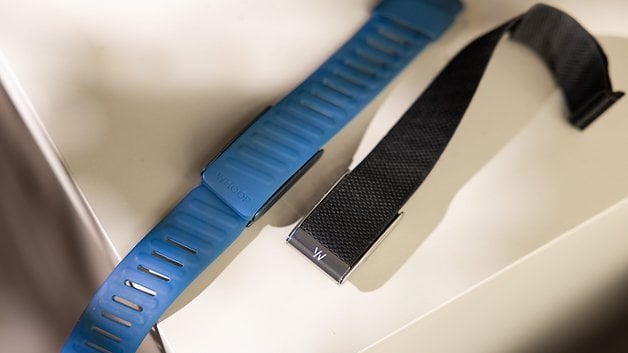 A blue WHOOP fitness strap and a black strap displayed on a surface.