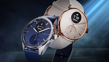Two Withings smartwatches: one with a blue strap and temperature display, the other with a white strap and cycle tracking.