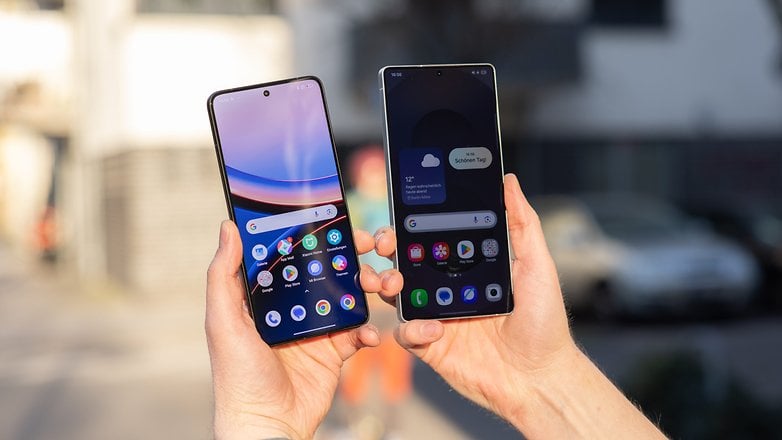 Two smartphones held in hands outdoors, one displaying a colorful app interface and the other showing a weather widget.