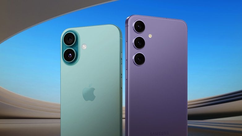 Deux smartphones côte à côte : un iPhone vert menthe et un Samsung violet, sur fond bleu.