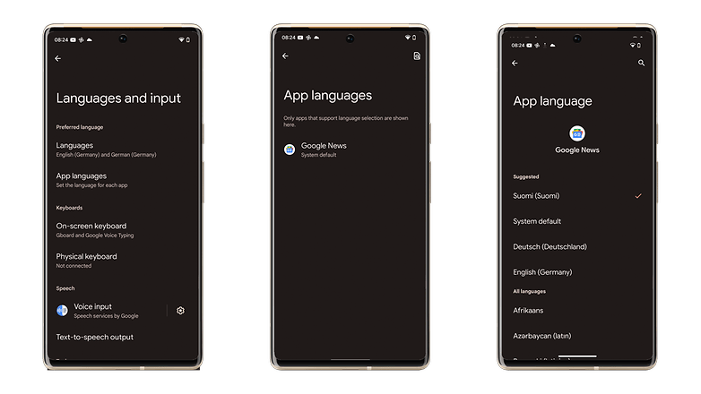 Ein Screenshot, der den Weg zu den App-individuellen Spracheinstellungen in Android 13 zeigt.