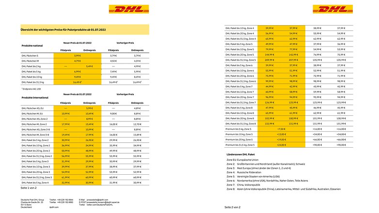 Eine Tabelle, auf der die neuen Preise bei DHL ab Juli 2022 zu sehen sind.